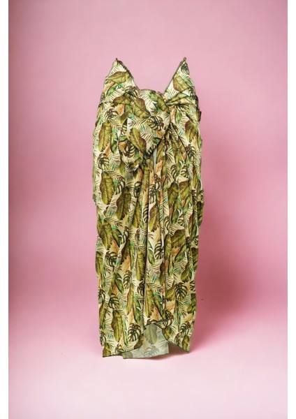 Yeşil Monstera Desenli Uzun Pareo Saten Kadın Plaj Elbisesi Yeni Sezon modelleri