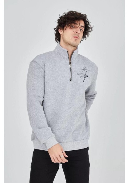 Erkek Yarım Fermuarlı Baskılı Sweat - Gri modelleri