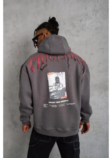 Erkek Ön ve Arka Baskılı Kapüşonlu 3 Iplik Sweatshirt - Füme
