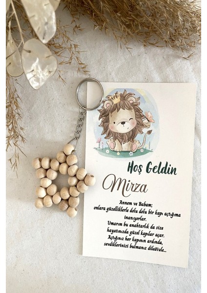 30 Adet Aslan Temalı Kişiye Özel Kartlı Ahşap Anahtarlık - Bebek Hediyesi - Baby Shower