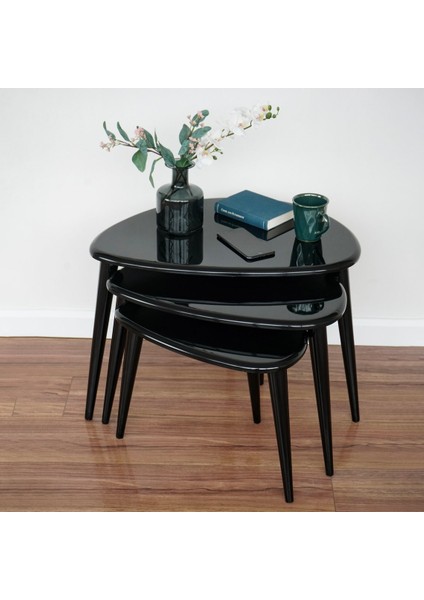 Ercol Style Lake Boyalı Zigon Orta Sehpa Takımı, Oturma Odası Mobilya 3'lü Set