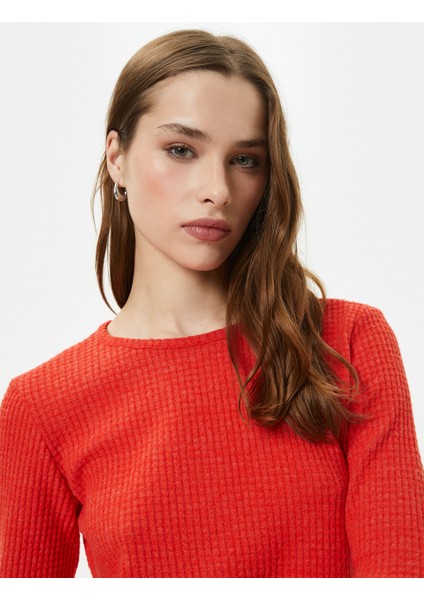 Uzun Kollu Tişört Bisiklet Yaka Dokulu