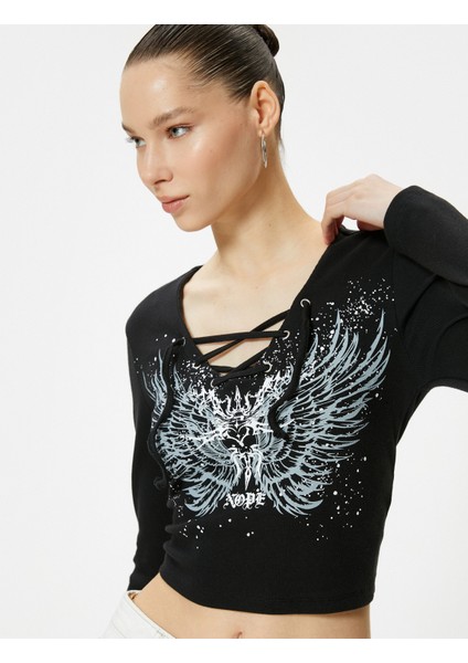 Bağlamalı Yaka Tişört Crop Baskılı Uzun Kollu Pamuklu fiyatları