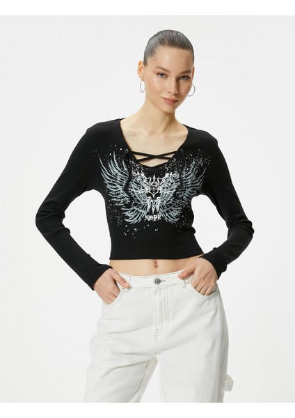 Bağlamalı Yaka Tişört Crop Baskılı Uzun Kollu Pamuklu modelleri