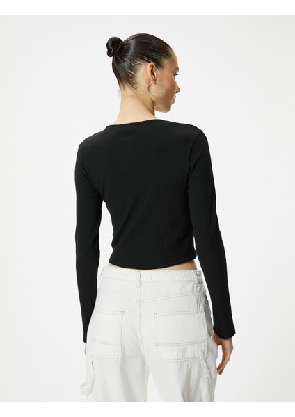 Bağlamalı Yaka Tişört Crop Baskılı Uzun Kollu Pamuklu fırsatları