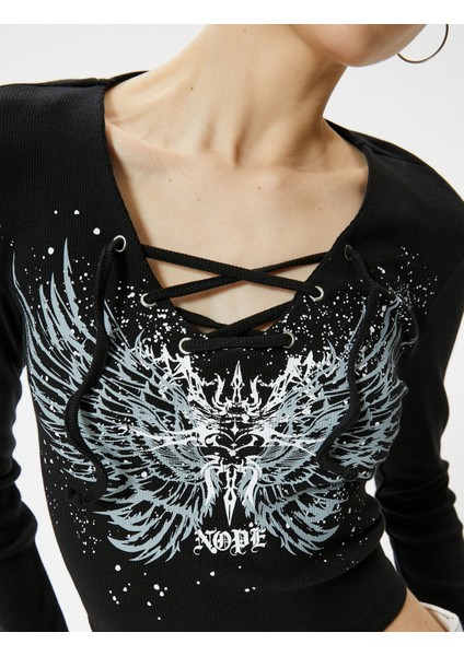 Bağlamalı Yaka Tişört Crop Baskılı Uzun Kollu Pamuklu indirimleri