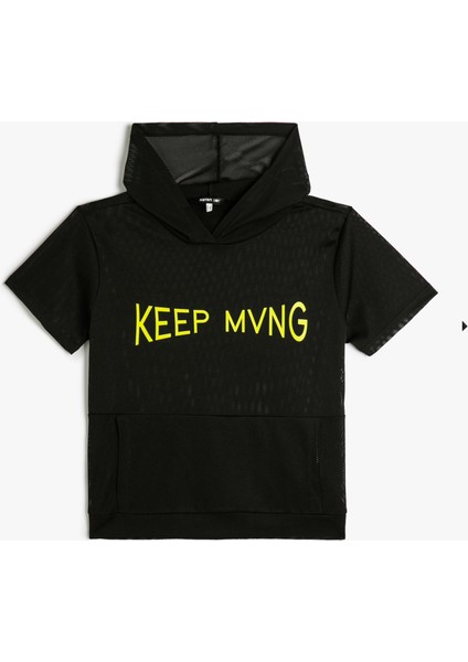 Kapüşonlu File Tişört Spor Kısa Kollu Kanguru Cepli Baskılı