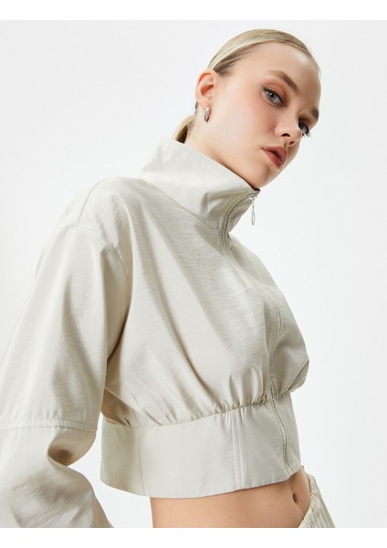 Crop Bomber Ceket Fermuarlı Dik Yaka