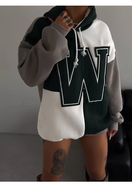 Kadın W Nakış Işlemeli Kapüşonlu Sweatshirt - Yeşil