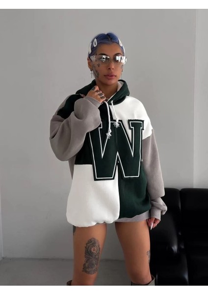 Kadın W Nakış Işlemeli Kapüşonlu Sweatshirt - Yeşil