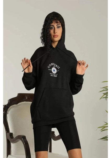 Kadın Sırt Baskılı Oversize Üç Iplik Kapüşonlu Sweatshirt - Siyah