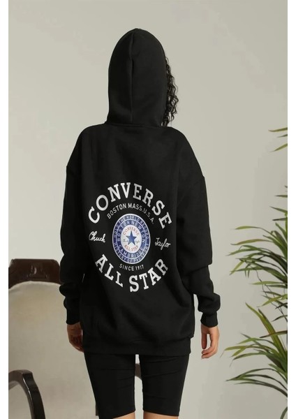 Kadın Sırt Baskılı Oversize Üç Iplik Kapüşonlu Sweatshirt - Siyah