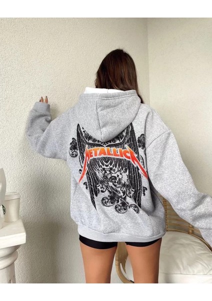 Özel Marka Kadın Baskılı Kapüşonlu Sweat - Gri
