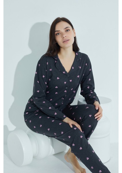 Tampap Kadın Düğmeli Deseni Pijama Takımı Gömlek Yaka Elitol 952