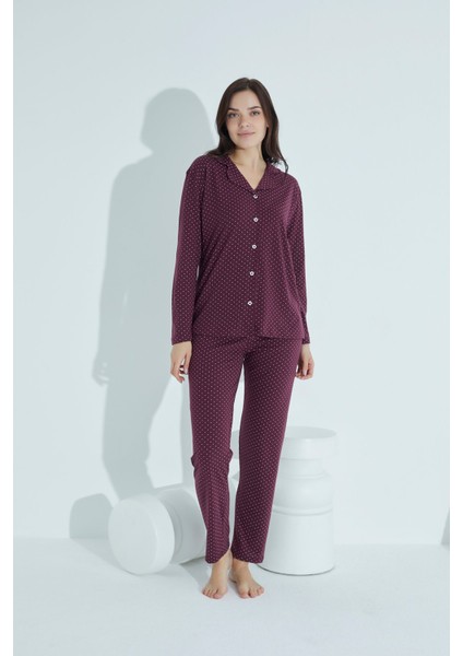 Kadın Düğmeli Deseni Pijama Takımı Gömlek Yaka 976