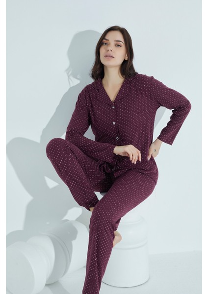 Kadın Düğmeli Deseni Pijama Takımı Gömlek Yaka 976