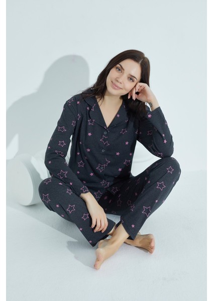 Tampap Kadın Düğmeli Deseni Pijama Takımı Gömlek Yaka Elitol 955