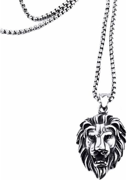 Silver Taçlı Aslan Figür Çelik Kolye