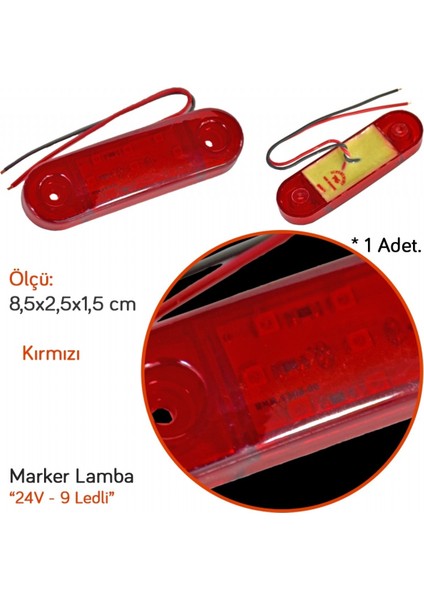Tas 24V Side Marker Lamba 9 Ledli Kırmızı 8,5x2,5 cm TAS.018K-24 (2 Li)