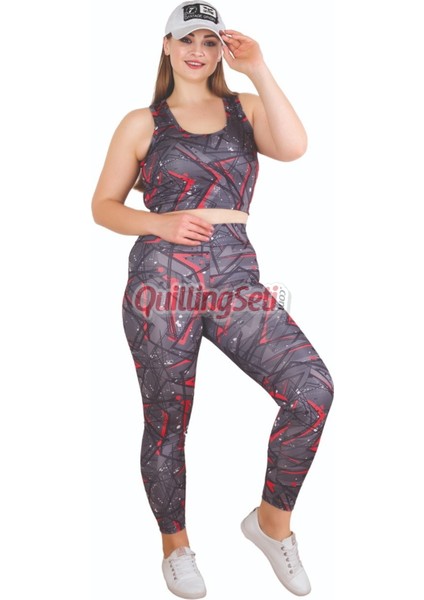 Siyah Lady 1508 Desenli Kadın Büyük Beden Tayt Büstiyer Spor Takım