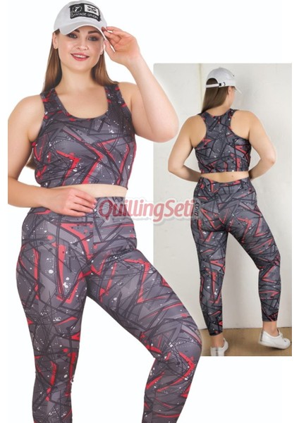 Siyah Lady 1508 Desenli Kadın Büyük Beden Tayt Büstiyer Spor Takım modelleri