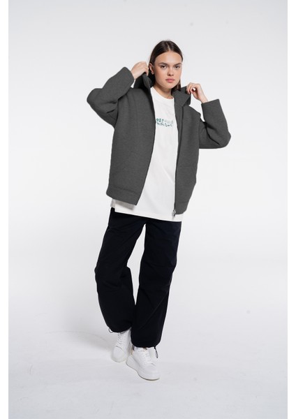 Friday Offset Panda Kadın Antrasit Melanj Kanguru Cepli Kapüşonlu Ekstra Oversize Sweatshirt Hoodie - Scuba Kumaş