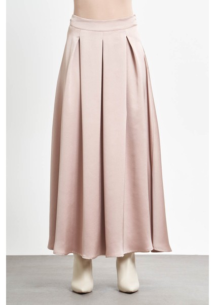 Önü Pileli Saten Bej Etek