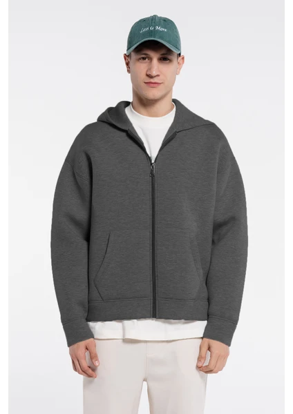 Friday Offset Panda Erkek Antrasit Melanj Kanguru Cepli Kapüşonlu Ekstra Oversize Sweatshirt Hoodie - Scuba Kumaş