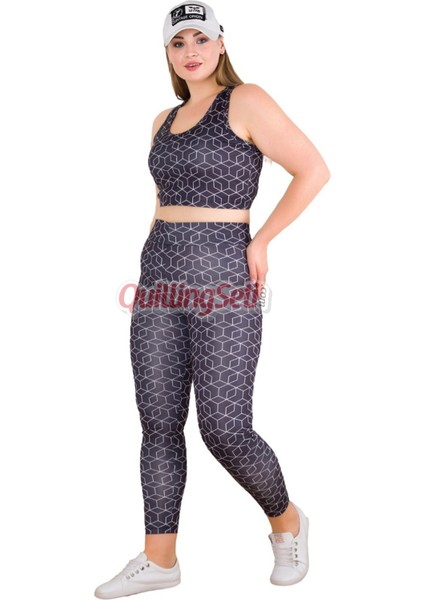 Siyah Ve Desenli Lady 1509 Desenli Kadın Büyük Beden Tayt Büstiyer Spor Takım