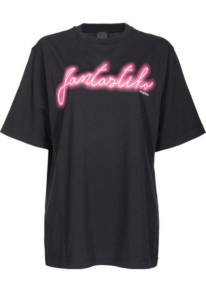 Bisiklet Yaka Baskılı Siyah Kadın T-Shirt 101704