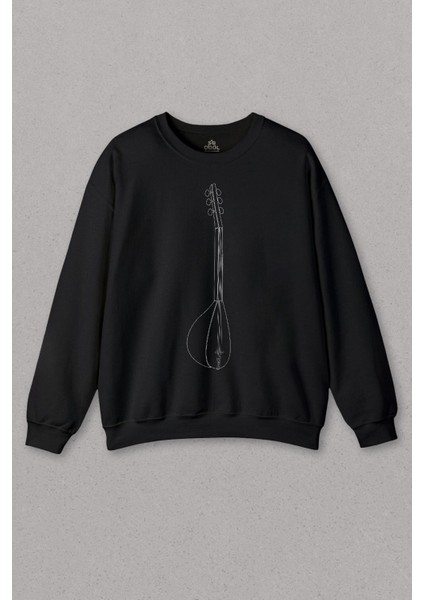 Unisex Siyah Sweatshirt Bağlama Saz Türk Halk Müziği Müzik Nota Baskılı Sweat