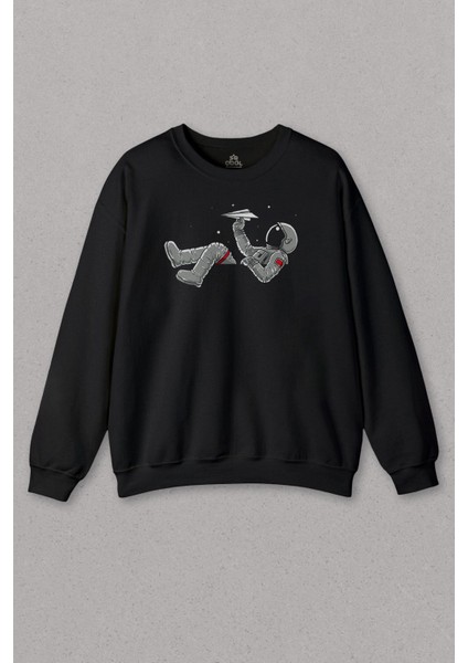 Unisex Siyah Sweatshirt Astronot Uçurtma Uzay Cosmos Nasa Galaxy Baskılı Sweat