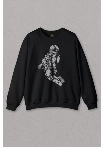 Unisex Siyah Sweatshirt Astronot Uzay Cosmos Galaksi Bilim Baskılı Sweat