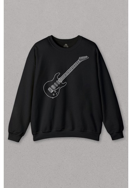 Unisex Siyah Sweatshirt Gitar Çizim Design Guitar Rock Caz Müzik Nota Baskılı Sweat