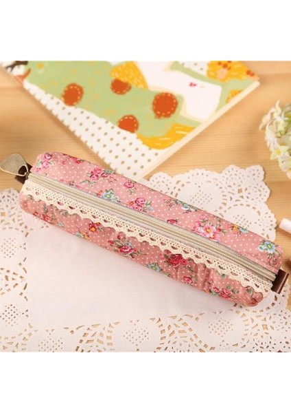 Pembe Tarzı 1 Adet Taze Tuval Retro Tarzı Dantel Saçak Küçük Çiçek Nokta Çok Fonksiyonlu Fermuar Kalem Çantası Öğrenci Hediye Kırtasiye Saklama Çantası (Yurt Dışından)