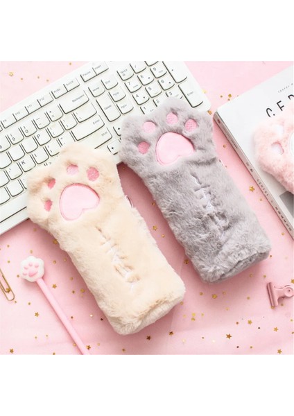 Gri Stil Cut Kedi Pençe Kalem Çantası Yumuşak Peluş Kozmetik Kılıfı Büyük Kapasiteli Kalem Kutusu Kalemlik Okul Malzemeleri Kırtasiye Organizatör (Yurt Dışından) fırsatları