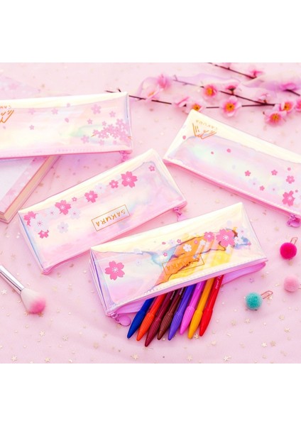 No.4 Tarzı Lazer Kiraz Sakura Çiçeği Büyük Kapasiteli Kalem Çantası Kırtasiye Depolama Organizatör Kalem Kutusu Okul Kaynağı (Yurt Dışından) fırsatları