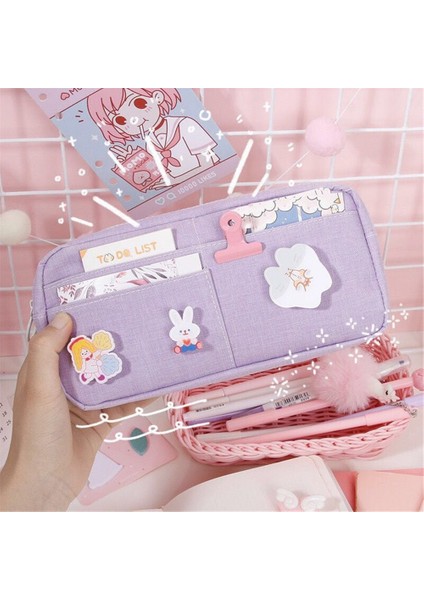 Mavi Stil Rozetleri ile Sevimli Şeker Renkli Kalem Çantası Kawaii Kozmetik Makyaj Çantası Büyük Kapasiteli Kalem Kutusu Tuval Kırtasiye Tutucu Organizatör (Yurt Dışından)