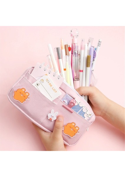 Mavi Stil Rozetleri ile Sevimli Şeker Renkli Kalem Çantası Kawaii Kozmetik Makyaj Çantası Büyük Kapasiteli Kalem Kutusu Tuval Kırtasiye Tutucu Organizatör (Yurt Dışından) fırsatları