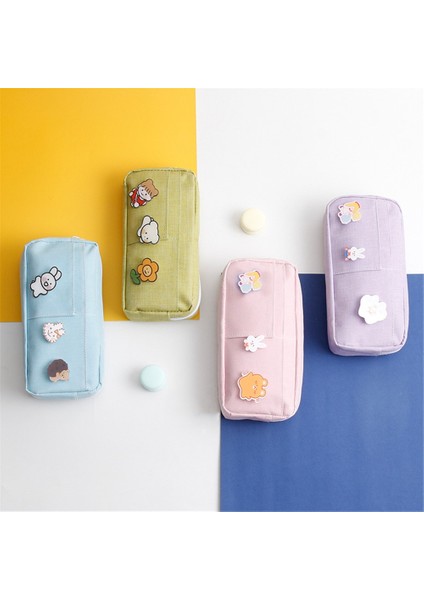 Mavi Stil Rozetleri ile Sevimli Şeker Renkli Kalem Çantası Kawaii Kozmetik Makyaj Çantası Büyük Kapasiteli Kalem Kutusu Tuval Kırtasiye Tutucu Organizatör (Yurt Dışından) indirimleri