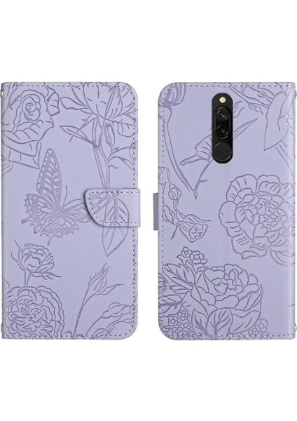 Bilek Kayışı Çiçekler ve Kelebekler Deri ile Xiaomi Redmi 8 Için Kılıf (Yurt Dışından)