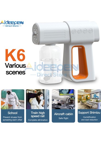 K6 Stili K5 K6 Nano Elektrikli Püskürtme Tabancası Mavi Işık Dezenfeksiyon Püskürtücü 380ML Ofis Bahçesi Için Şarj Edilebilir Atomizasyon Dezenfektan Makinesi (Yurt Dışından) fırsatları