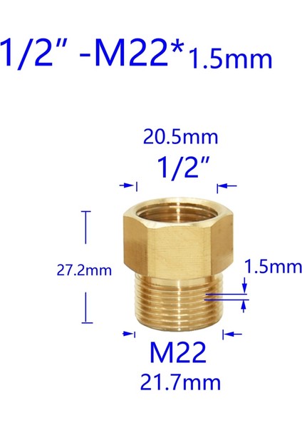 1ı2 x M22 x 1,5 mm Stili Fıskiyeli Su Arıtma Musluğu Bakır Bağlantı Parçaları Diş Aralığı Için Pirinç Dişli Konnektör Erkek Dişi (Yurt Dışından)