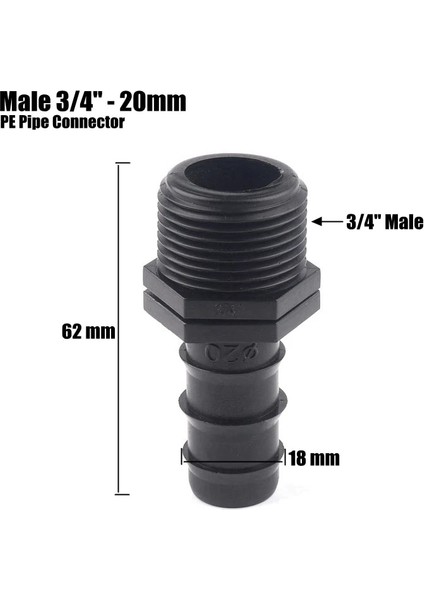 Erkek 3l4 İNÇ-20MM Stili Erkek Dişli Pe Boru Bağlantısı Sulama Hortumu Bağlantıları Sulama Borusu Dişli Düz Bağlantı Adaptörü (Yurt Dışından)