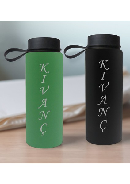 Gift Kişiye Özel Isimli 2’li Yeşil ve Siyah Cam Matara 500ML, Sevgiliye Hediye, Isimli Cam Matara, Sevgililer Günü