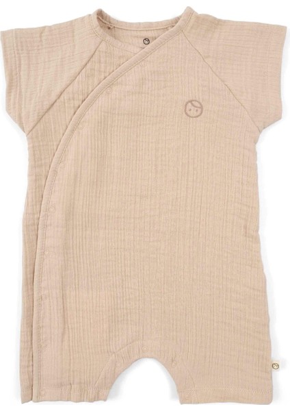 Bej Organik Pamuk Müslin Bebek Tulum Kısa Kol Desenli Kız Çocuk