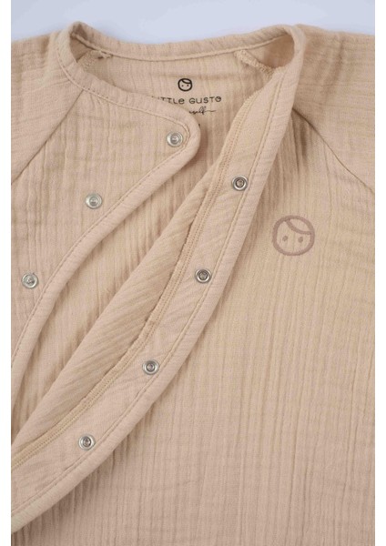 Bej Organik Pamuk Müslin Bebek Tulum Kısa Kol Desenli Kız Çocuk modelleri