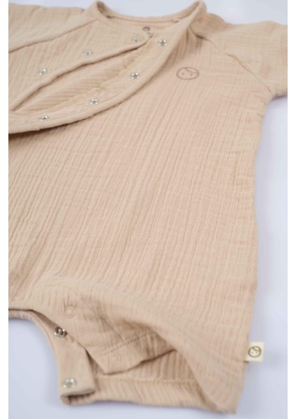 Bej Organik Pamuk Müslin Bebek Tulum Kısa Kol Desenli Kız Çocuk fırsatları