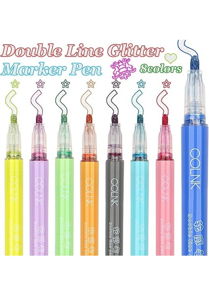 8 Renkler Çift Hat Sanatı Glitter Işaretleyici Kalem Dıy Günlüğü Albümü Kart Boyama Boya Anahat Grafiti Işaretleyici Kalem Sanat Malzemeleri (Yurt Dışından)