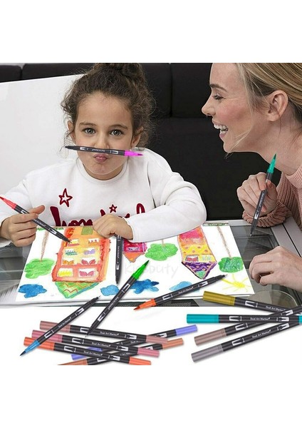 Beyaz-24 Renk Stili Renkler Fineliner Çift Uçlu Fırça Sanat Marker Kalem Suluboya Kalemler Çizim Boyama Kaligrafi Sanat Malzemeleri (Yurt Dışından)